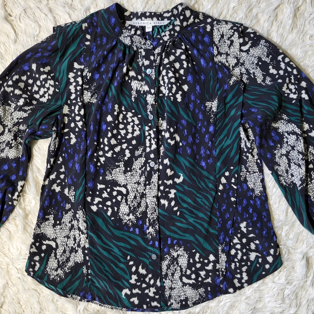 Veronica Beard Stretch Silk Blouse Buckley Black, Green and Blue Animal Print 8 - Picture 2 of 16
